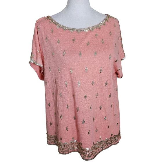Calypso St. Barth Peach Beaded Short Sleeved Boho Top Linen sz M - Picture 2 of 11